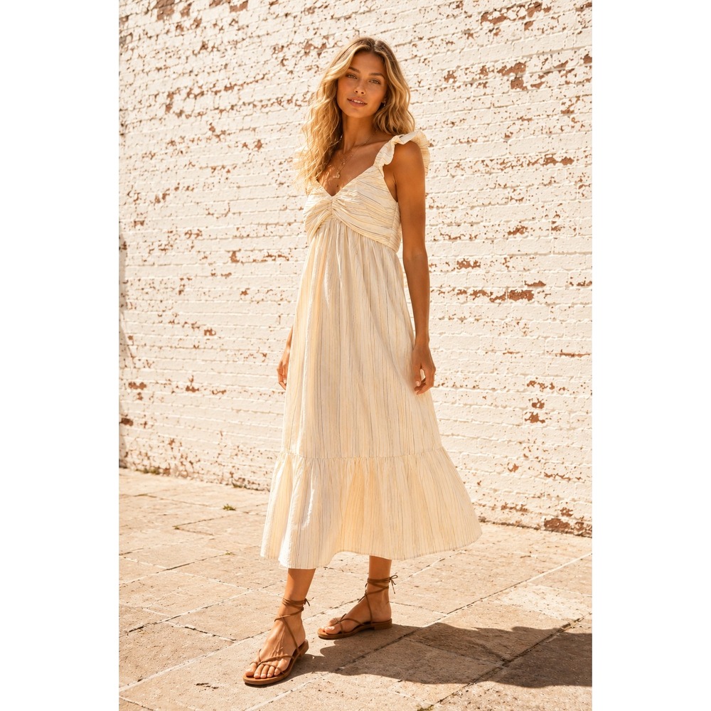 Gap‎ Cream Gold Striped Cotton Ruffle Midi Dress Smocked Sun Dress MP Medium